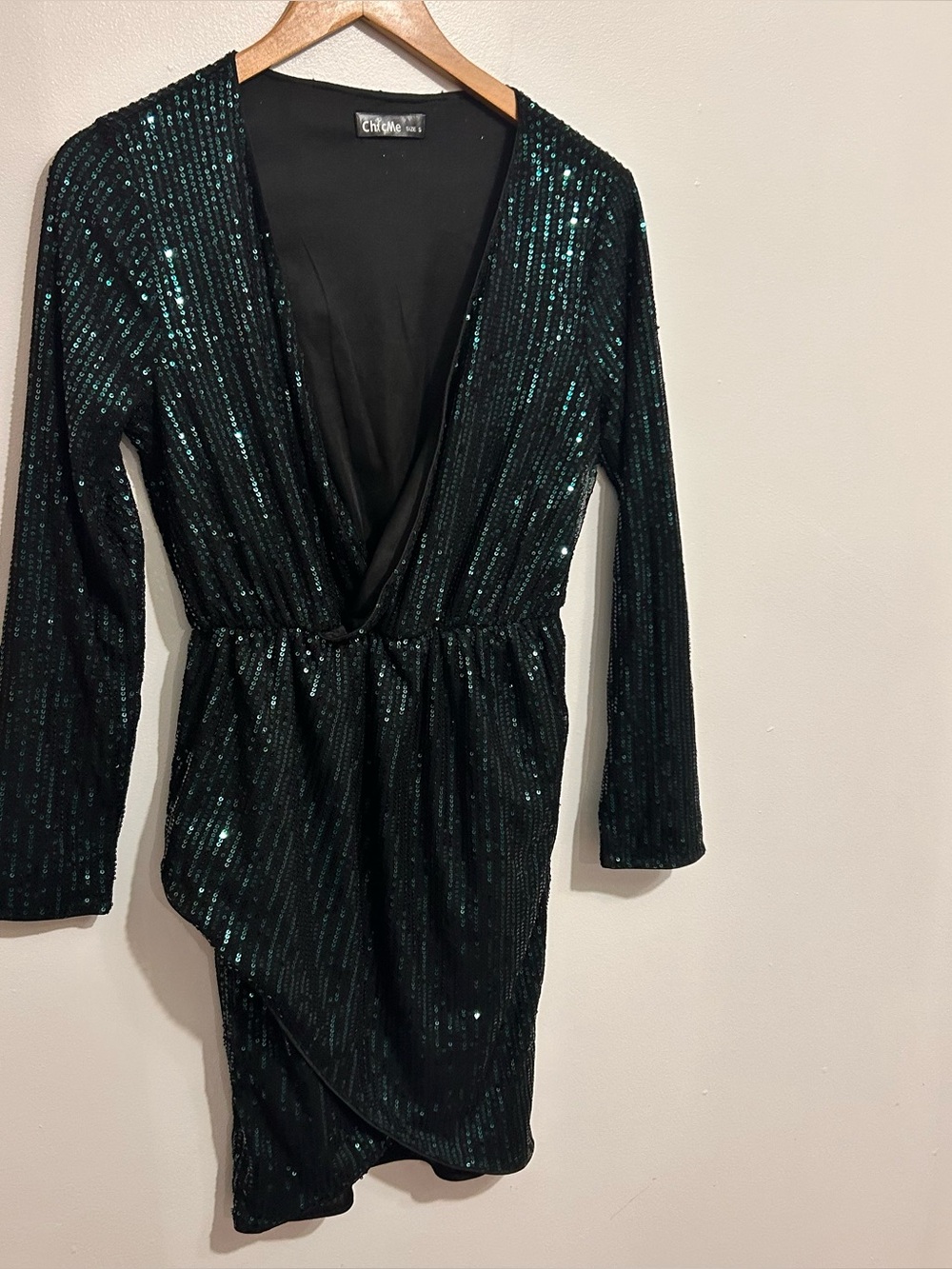 chic Teal-Sequin Deep V Long Sleeve Wrap Dress